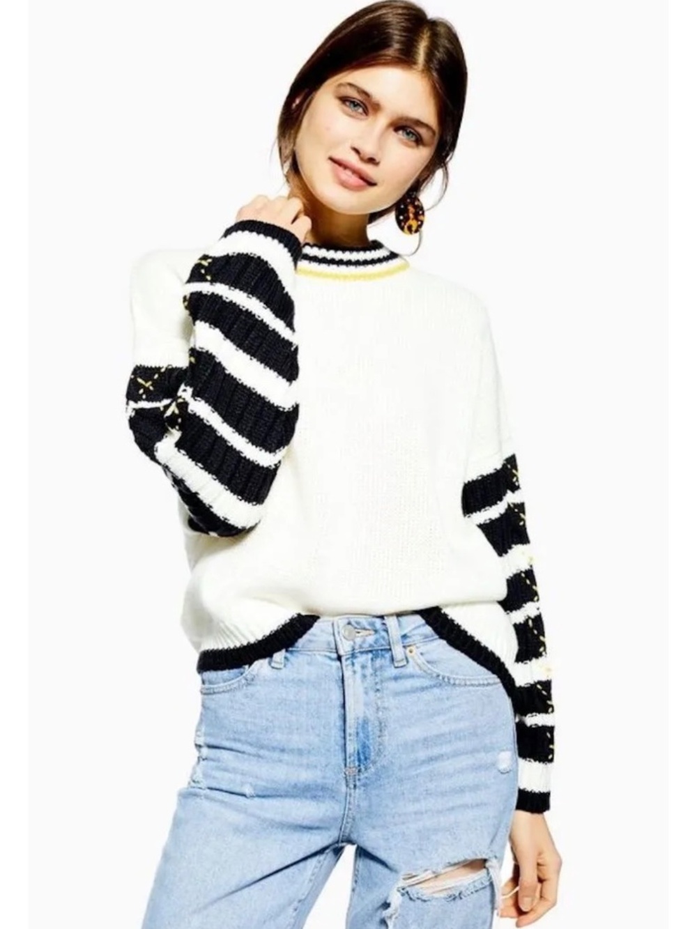 For the Republic White & Black Whipstitch Crewneck Jumper Sweater S